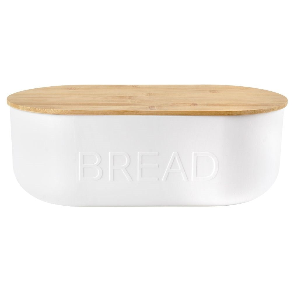 Spacious bread box in white with bamboo cutting board lid
