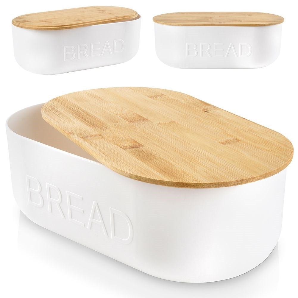 Spacious bread box in white with bamboo cutting board lid