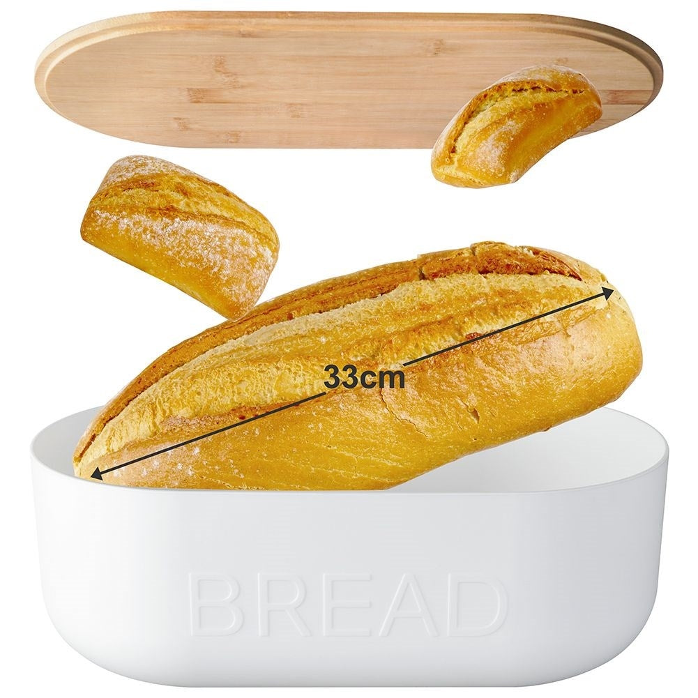 Spacious bread box in white with bamboo cutting board lid