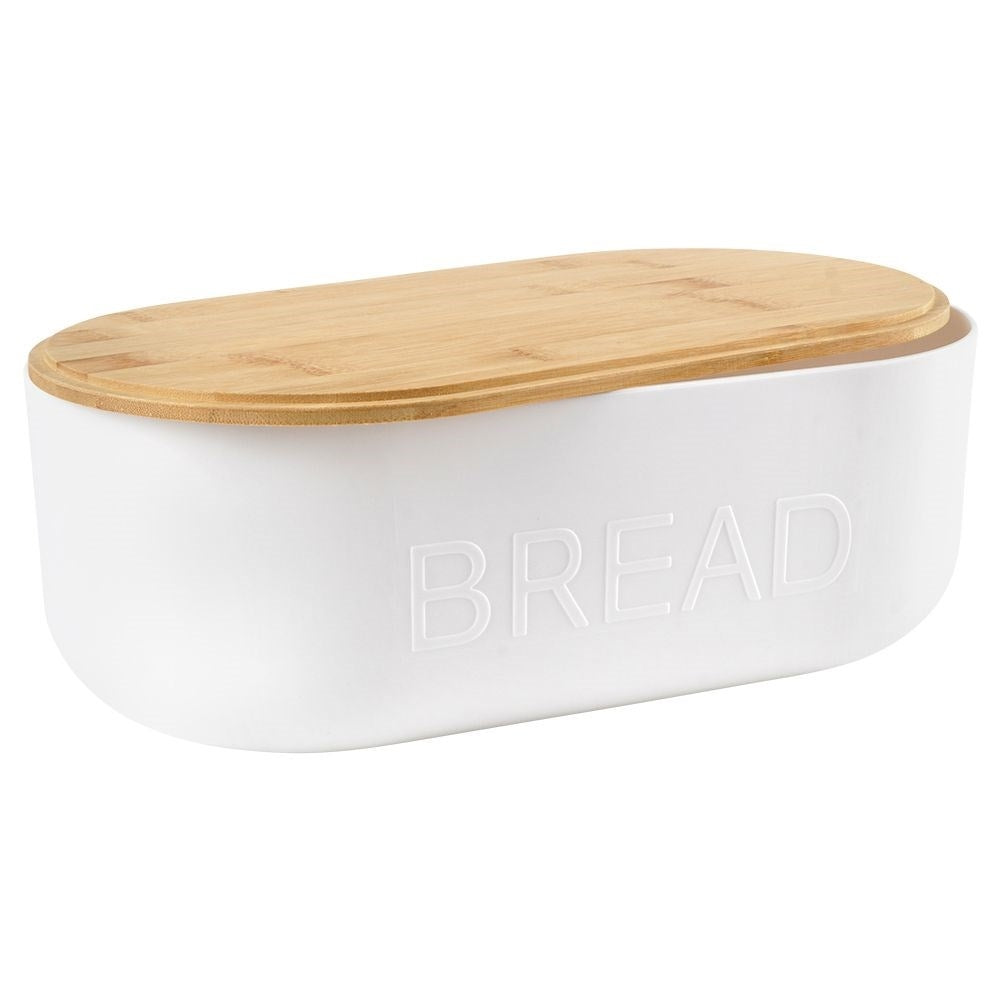 Spacious bread box in white with bamboo cutting board lid
