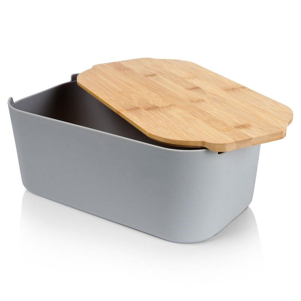 Spacious bread box with bamboo cutting board in gray material
