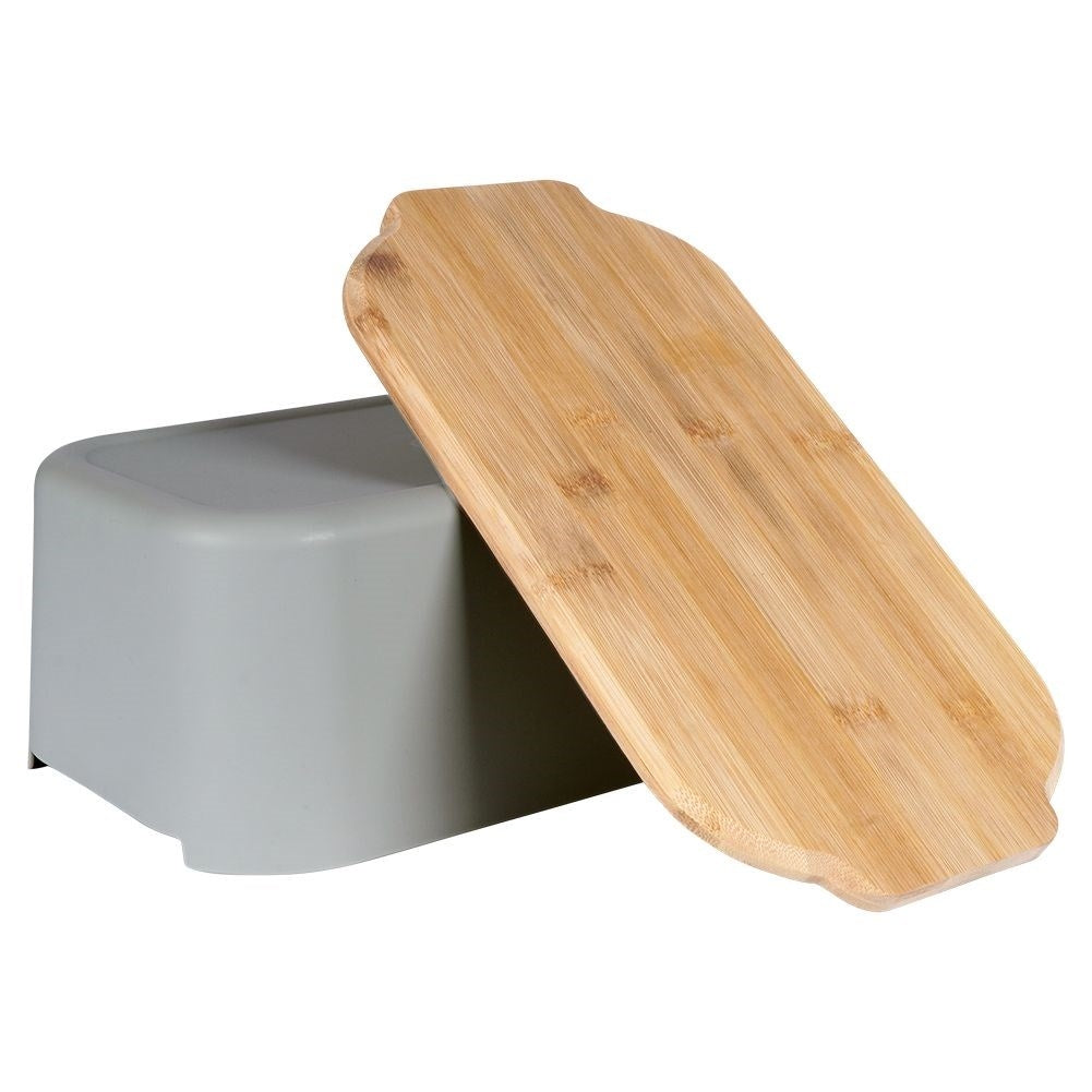 Spacious bread box with bamboo cutting board in gray material