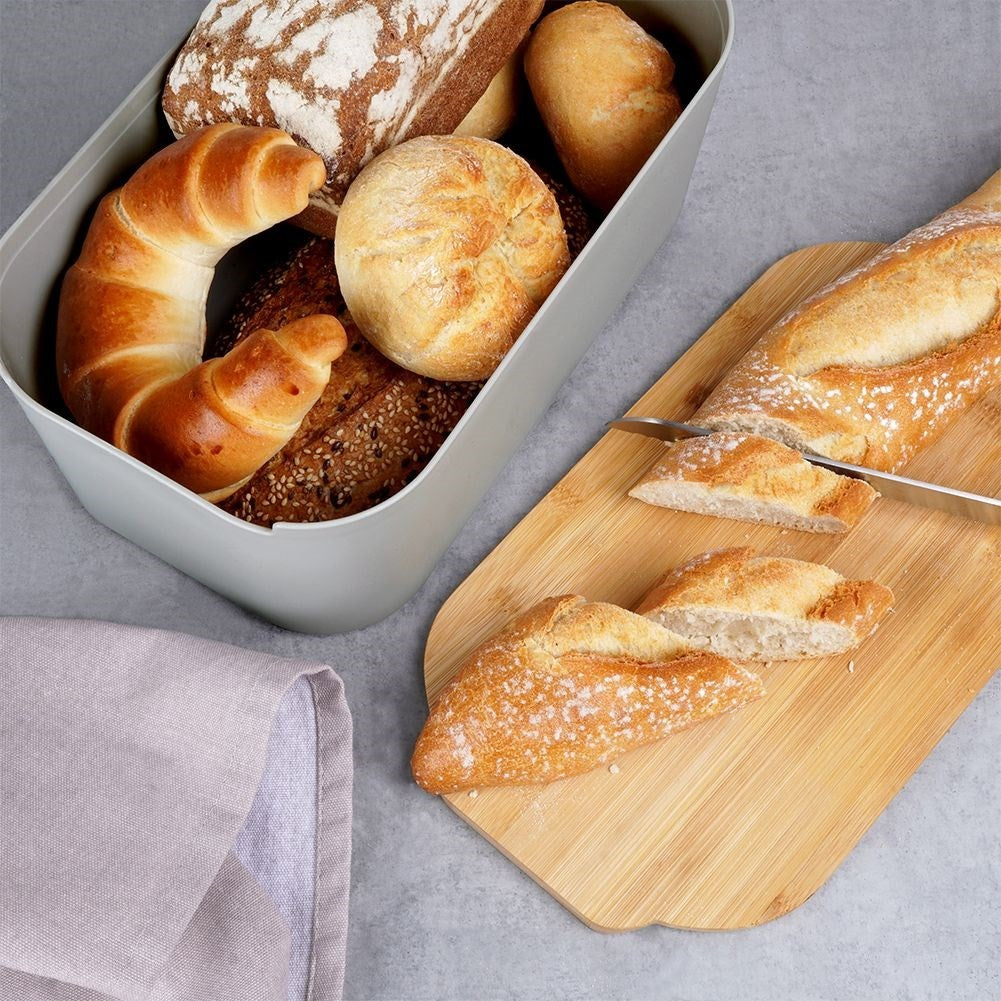 Spacious bread box with bamboo cutting board in gray material