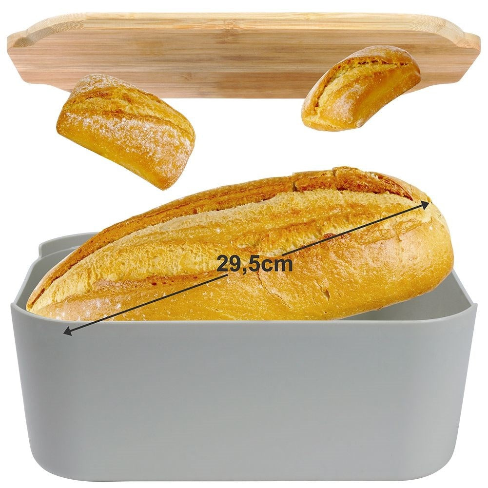 Spacious bread box with bamboo cutting board in gray material