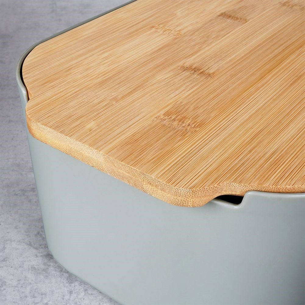 Spacious bread box with bamboo cutting board in gray material