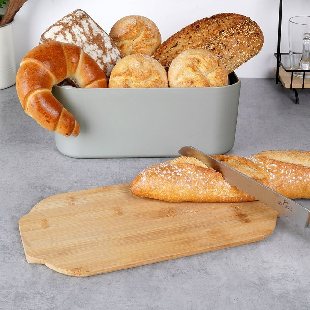 Spacious bread box with bamboo cutting board in gray material