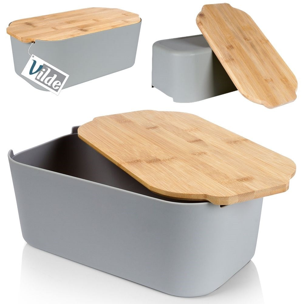 Spacious bread box with bamboo cutting board in gray material