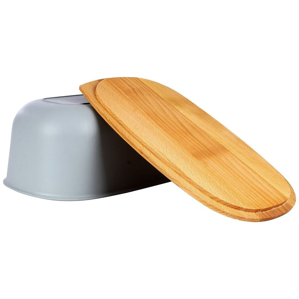 Spacious gray bread tin with a wooden cutting board as a lid
