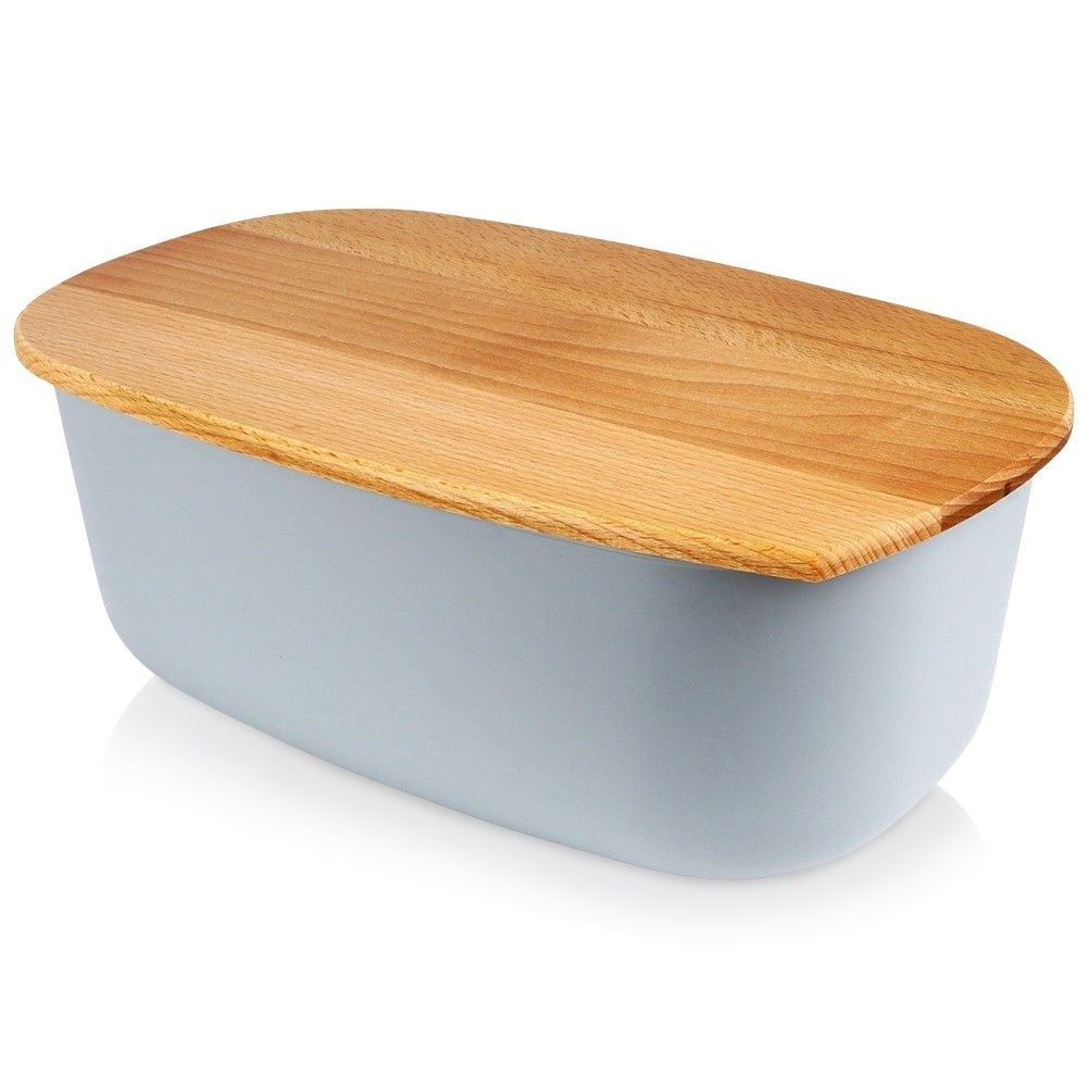 Spacious gray bread tin with a wooden cutting board as a lid