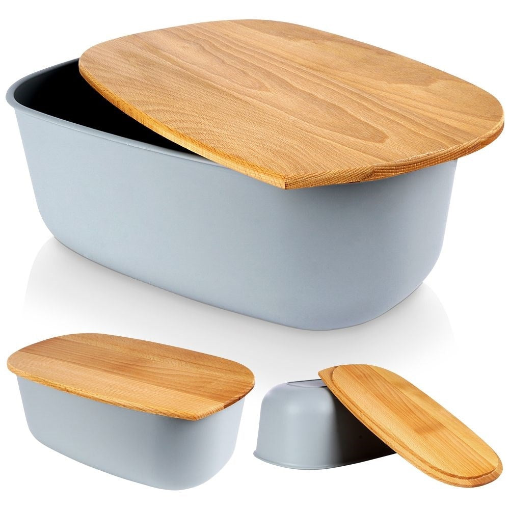 Spacious gray bread tin with a wooden cutting board as a lid
