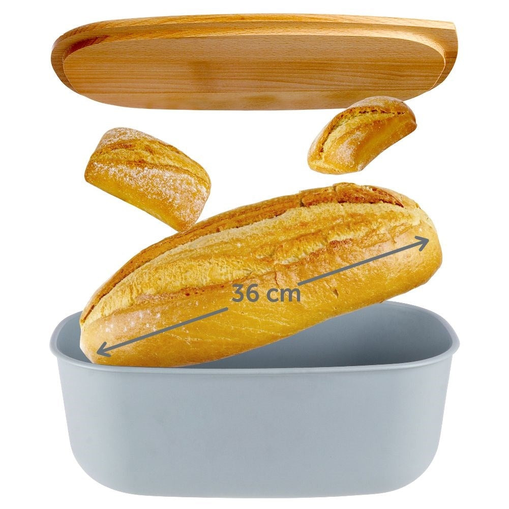 Spacious gray bread tin with a wooden cutting board as a lid
