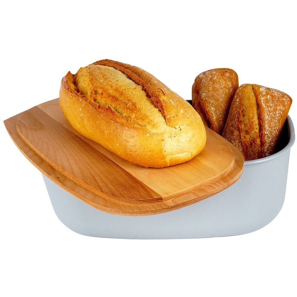 Spacious gray bread tin with a wooden cutting board as a lid