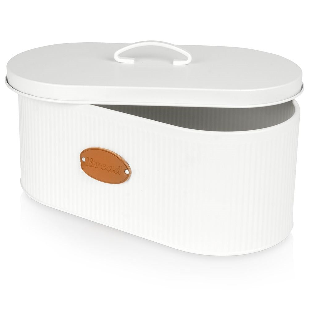 Spacious white metal bread box with lid and leather label