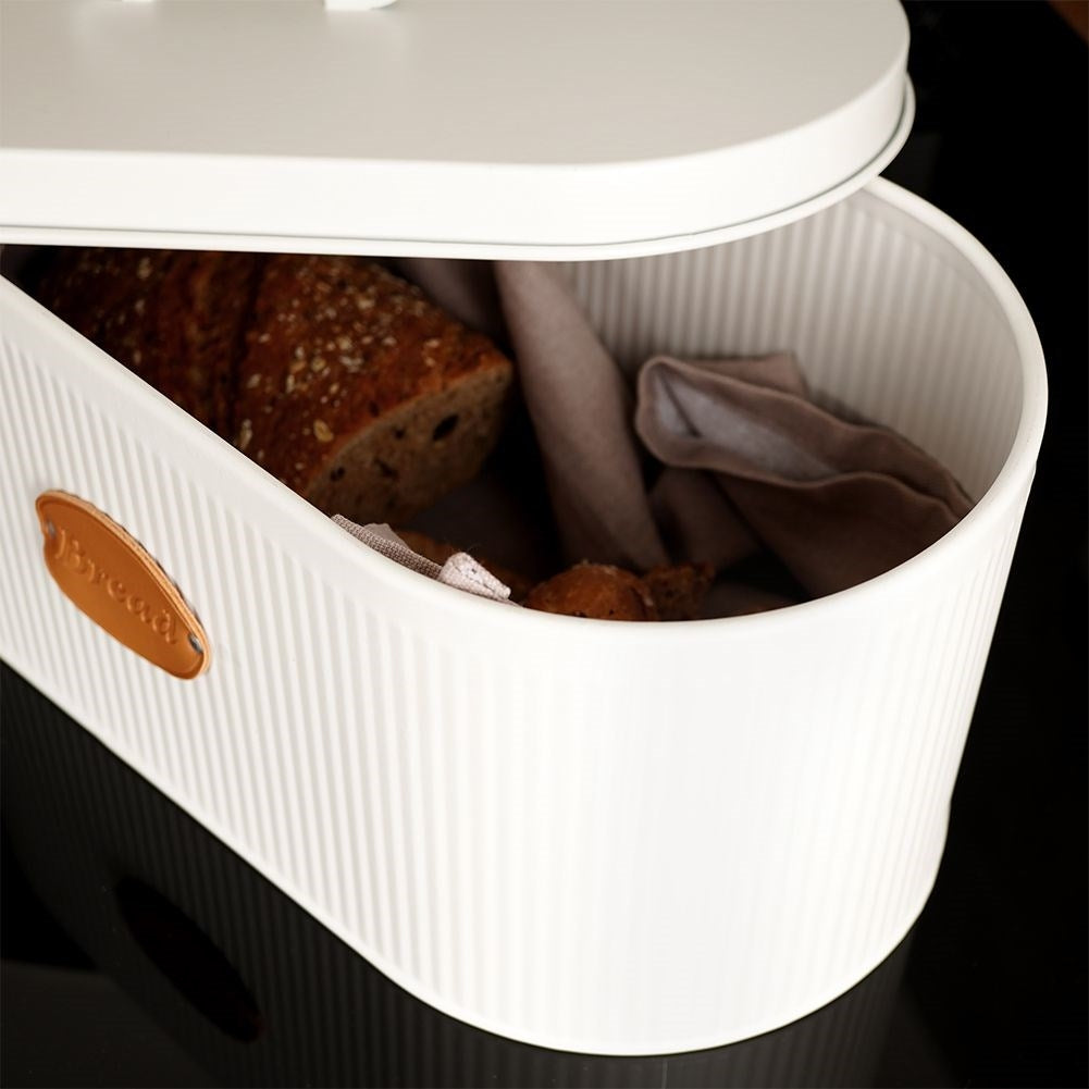 Spacious white metal bread box with lid and leather label