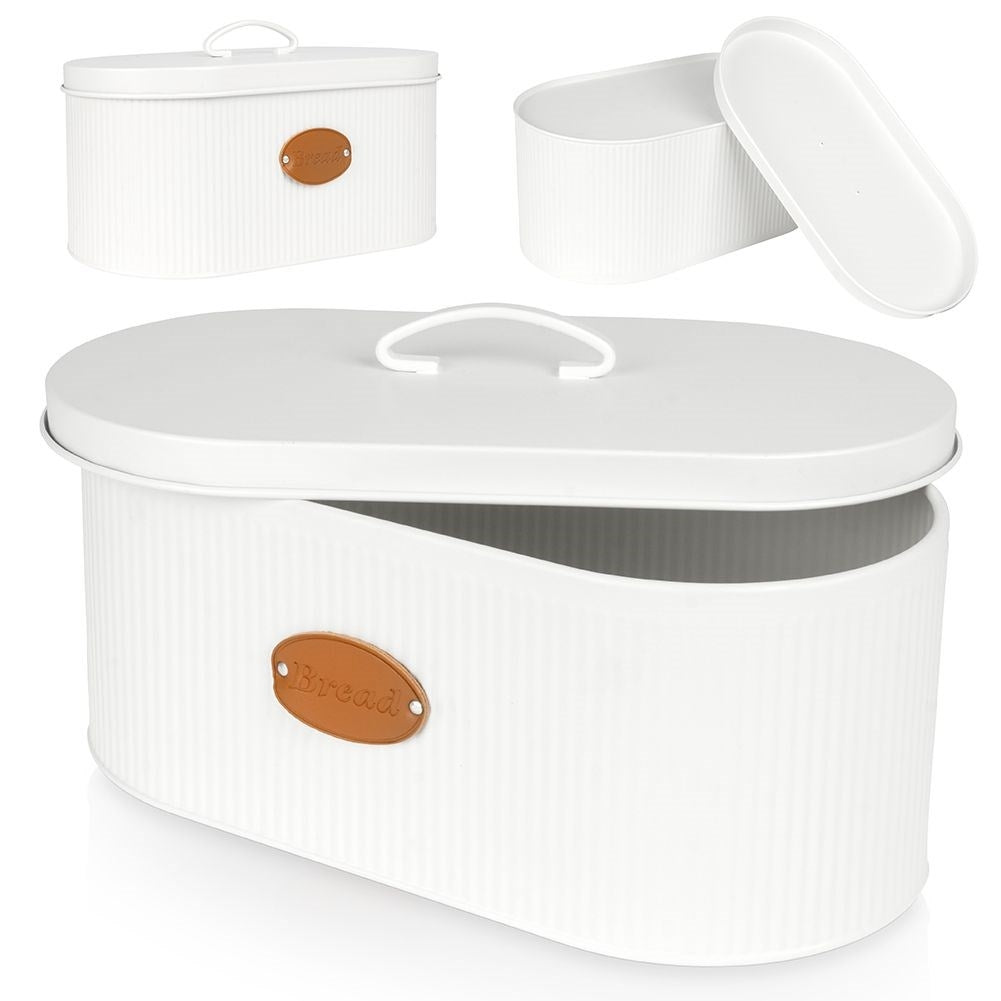 Spacious white metal bread box with lid and leather label