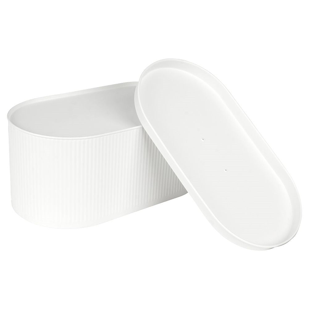 Spacious white metal bread box with lid and leather label