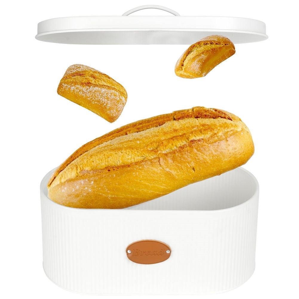 Spacious white metal bread box with lid and leather label
