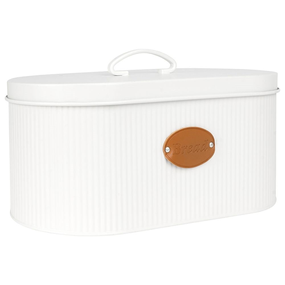 Spacious white metal bread box with lid and leather label