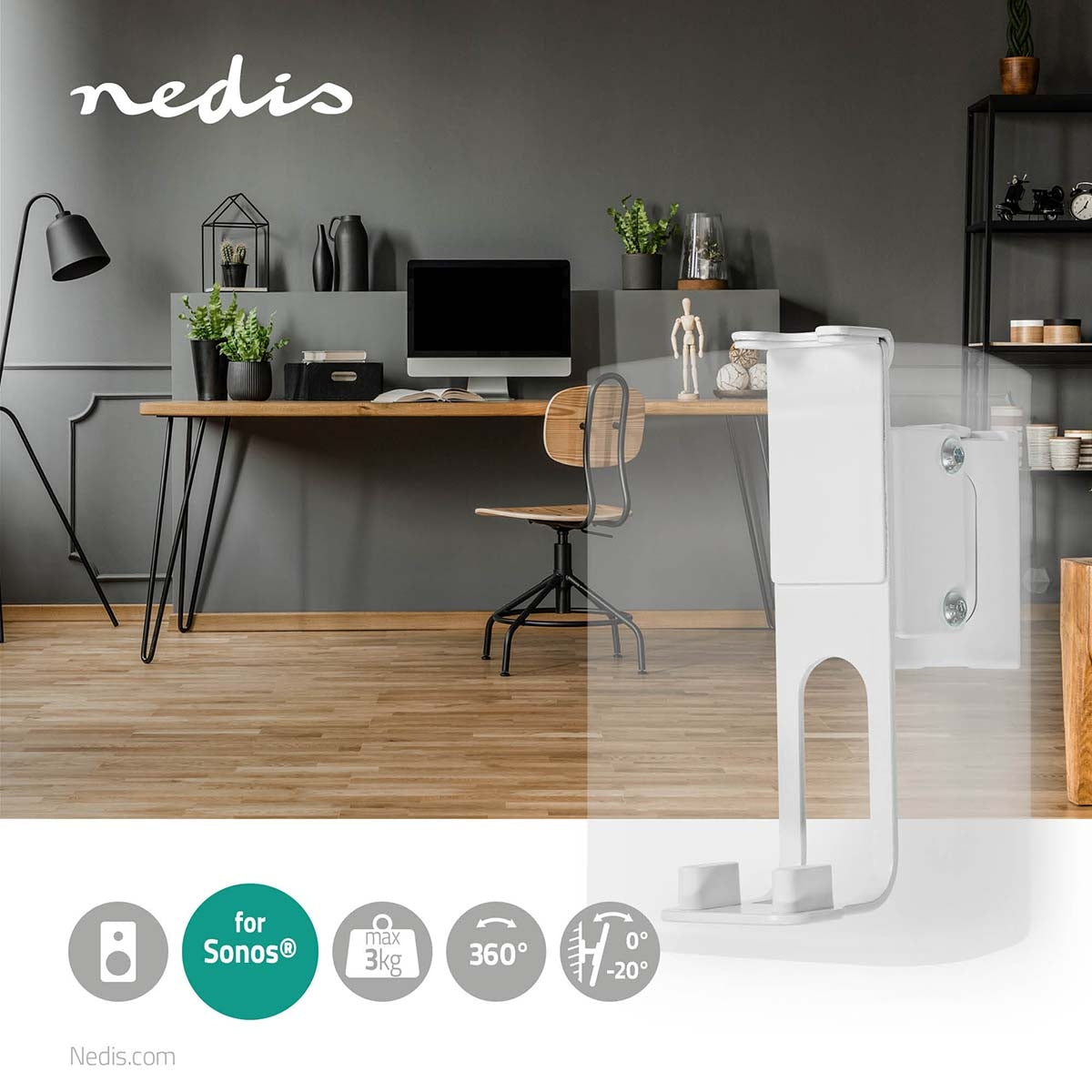 Speaker Bracket | Compatible with: Sonos® One SL™ / Sonos® One™ / Sonos® PLAY:1™ | Wall | 3 kg | Rotatable / Tilt / Twist | Can be tilted | Rotatable | Steel | White