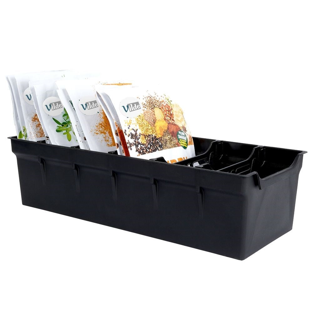 Spice bag storage: Black plastic, order in cabinets and drawers