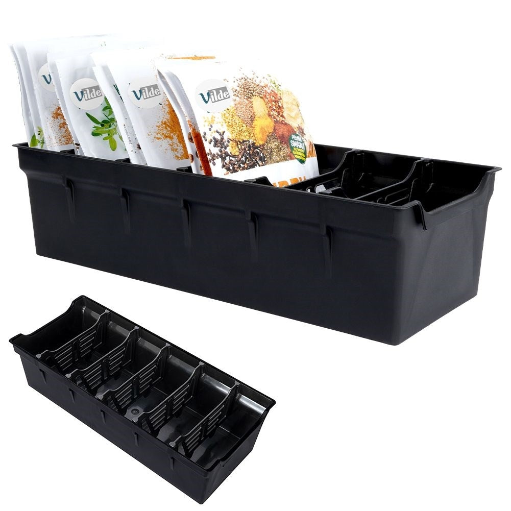Spice bag storage: Black plastic, order in cabinets and drawers