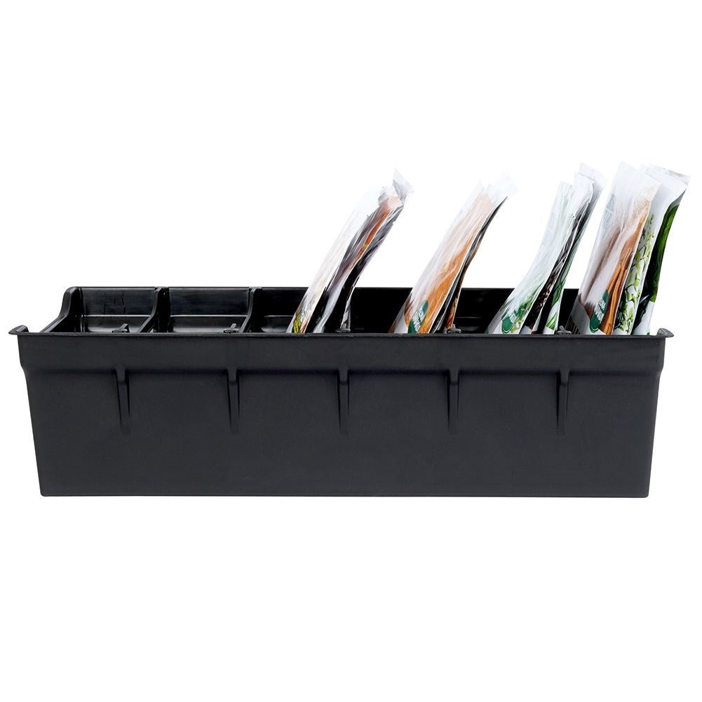Spice bag storage: Black plastic, order in cabinets and drawers