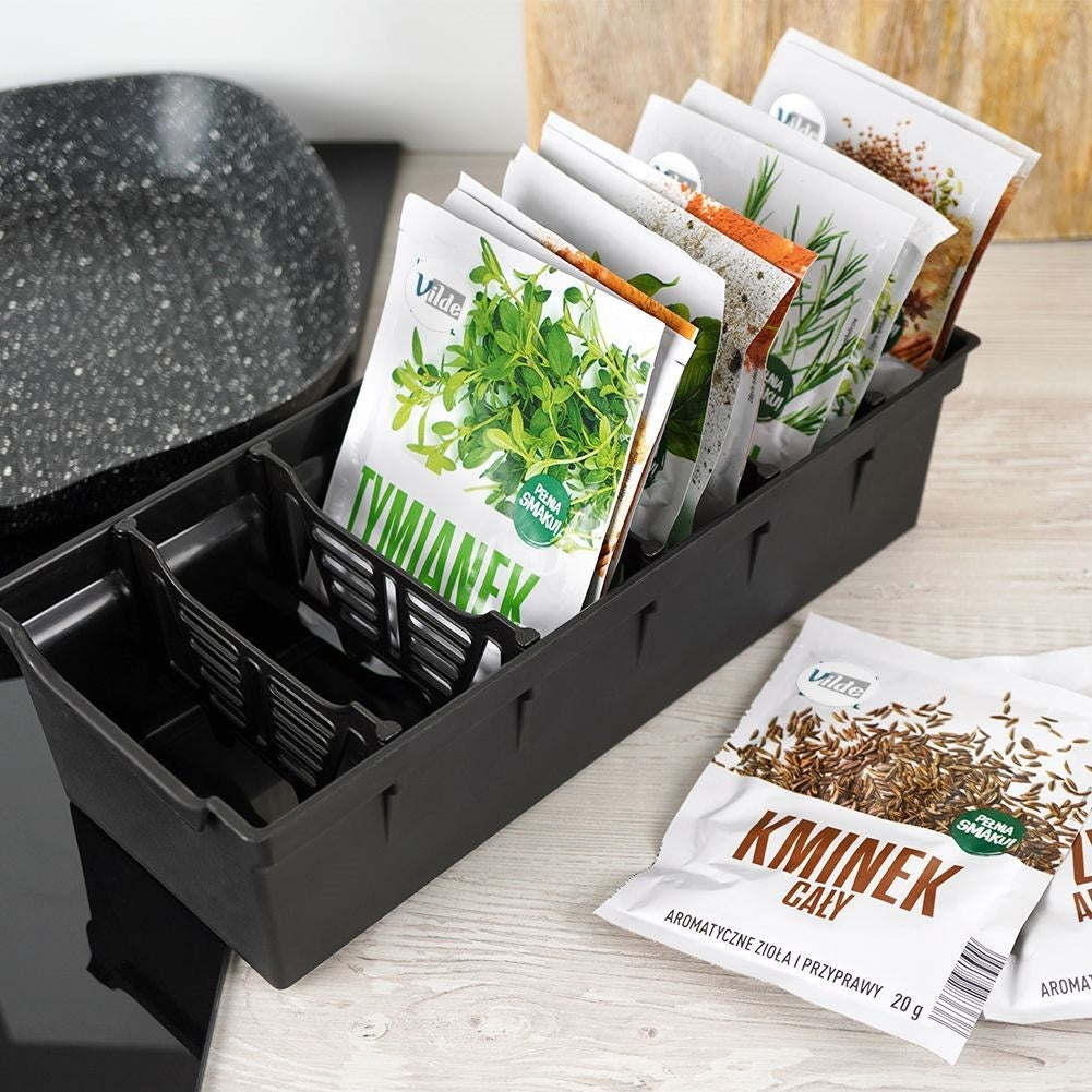 Spice bag storage: Black plastic, order in cabinets and drawers
