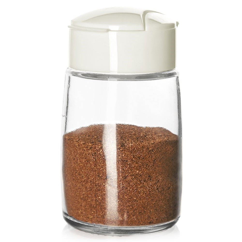Spice container in glass with dosing function and plastic lid