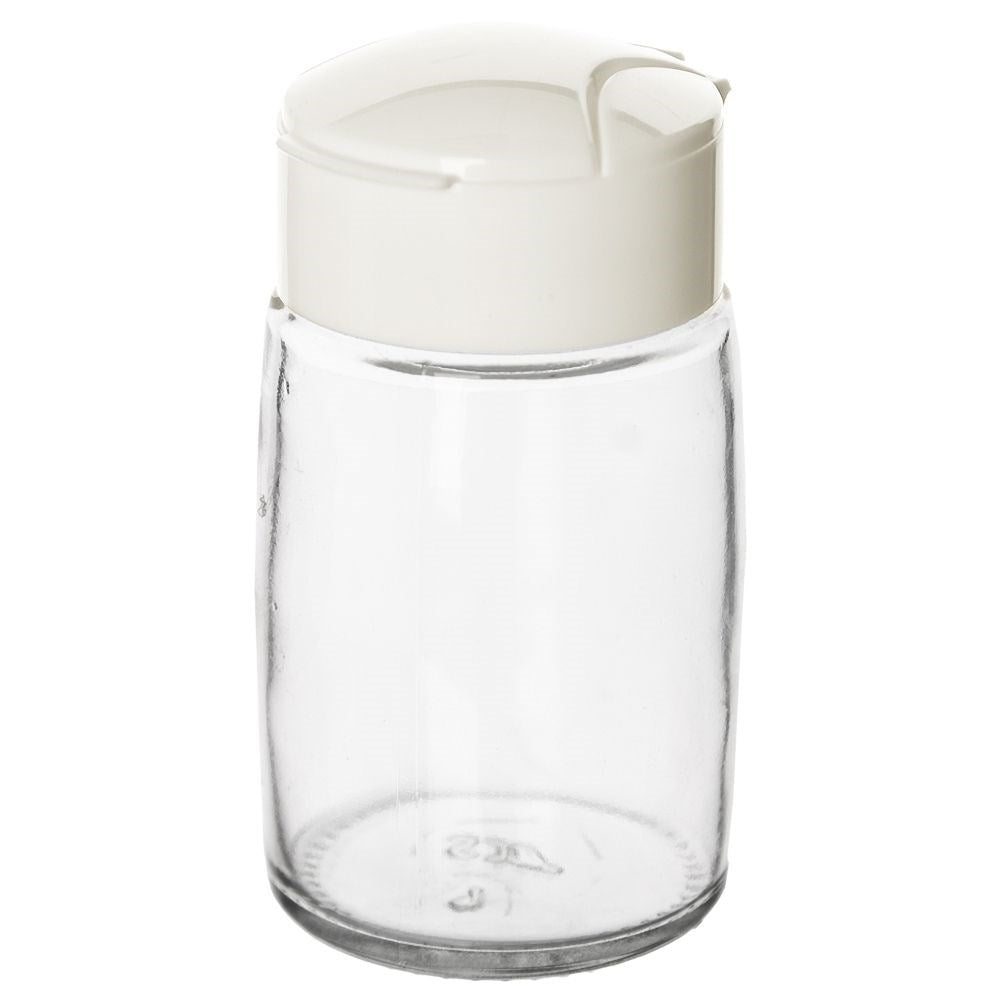 Spice container in glass with dosing function and plastic lid