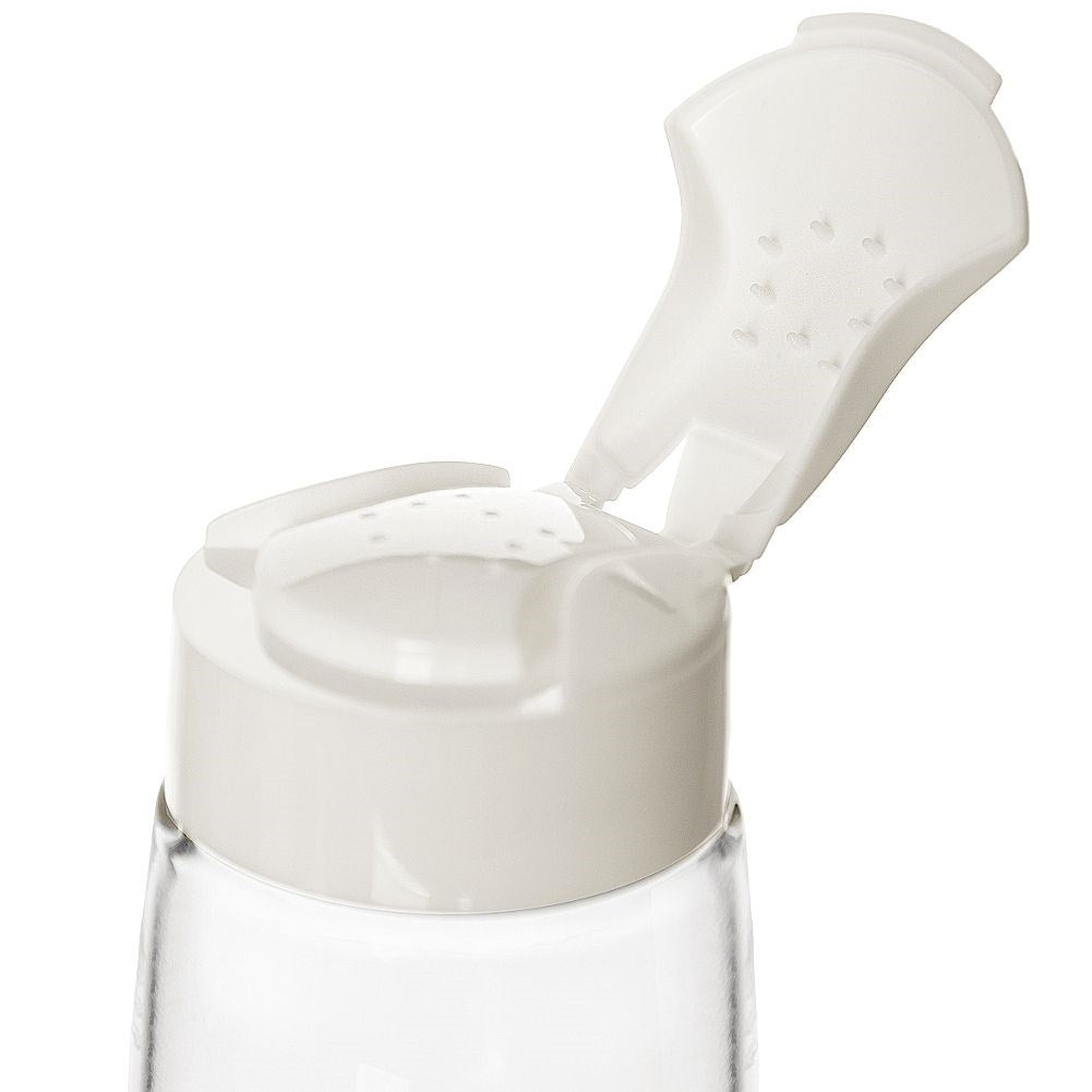 Spice container in glass with dosing function and plastic lid
