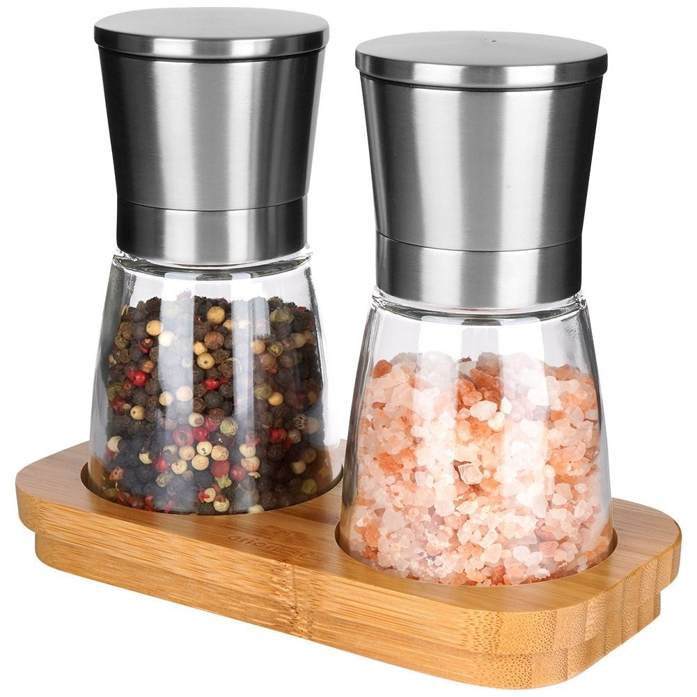 Spice grinder set with bamboo stand and ceramic mechanism