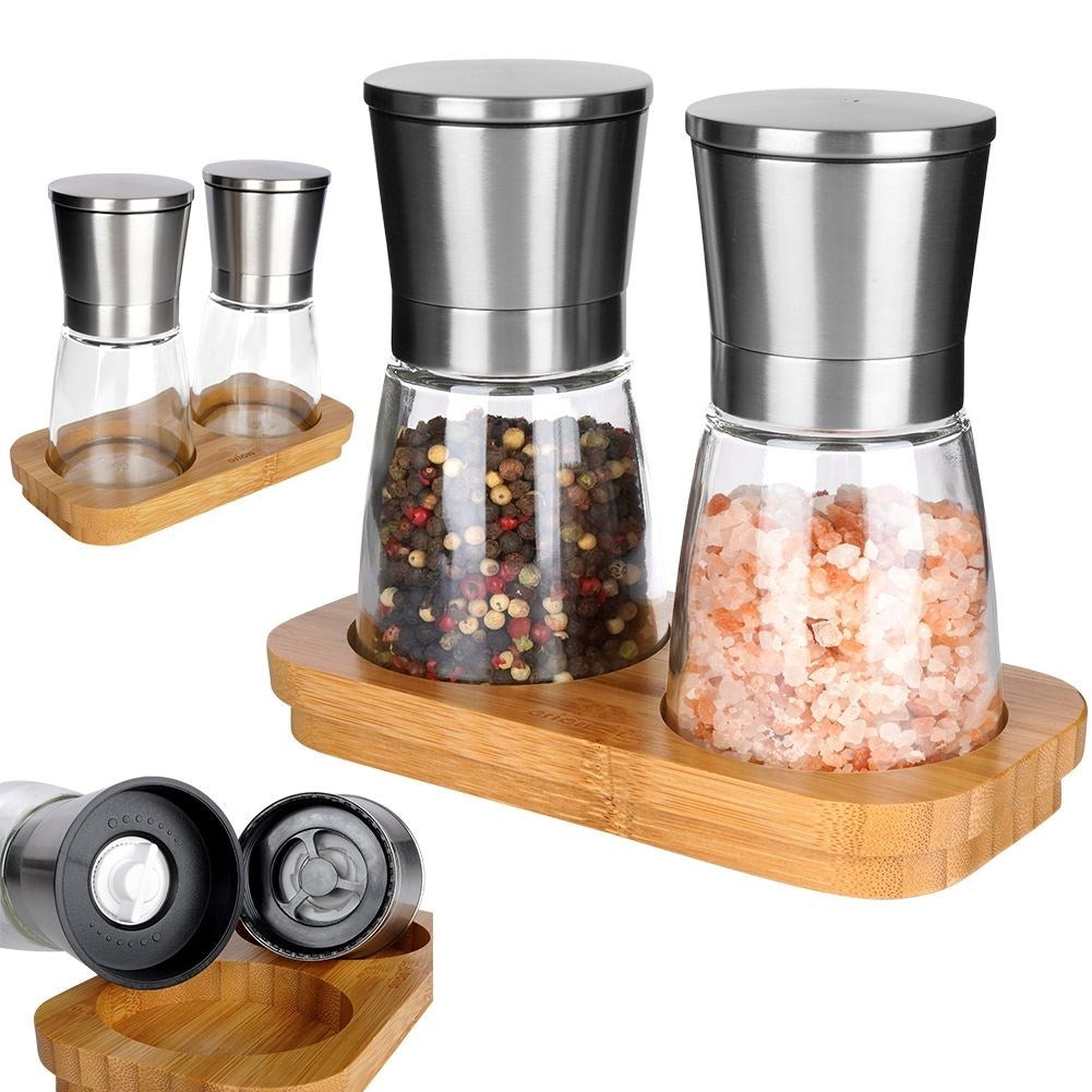 Spice grinder set with bamboo stand and ceramic mechanism