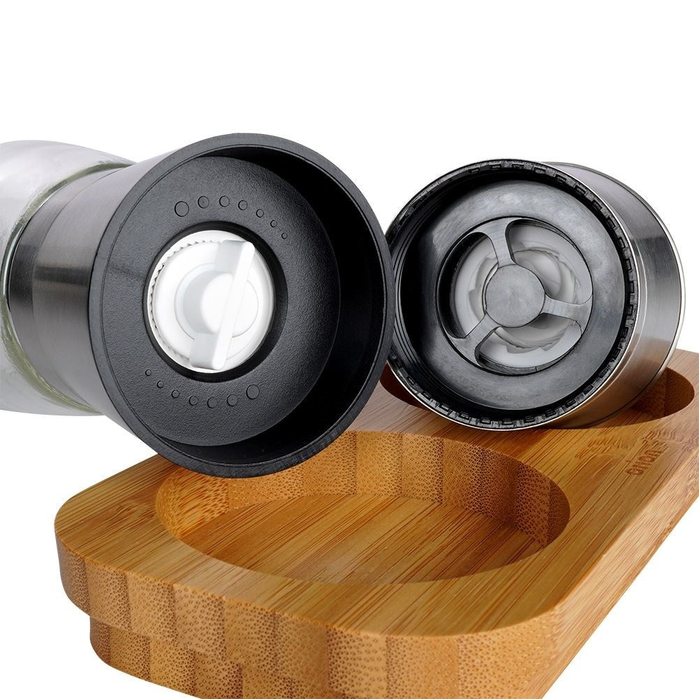 Spice grinder set with bamboo stand and ceramic mechanism