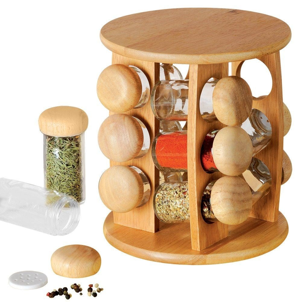 Spice rack with rotating wooden holder and 12 jars