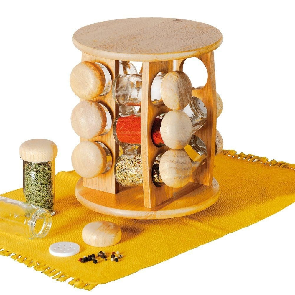 Spice rack with rotating wooden holder and 12 jars