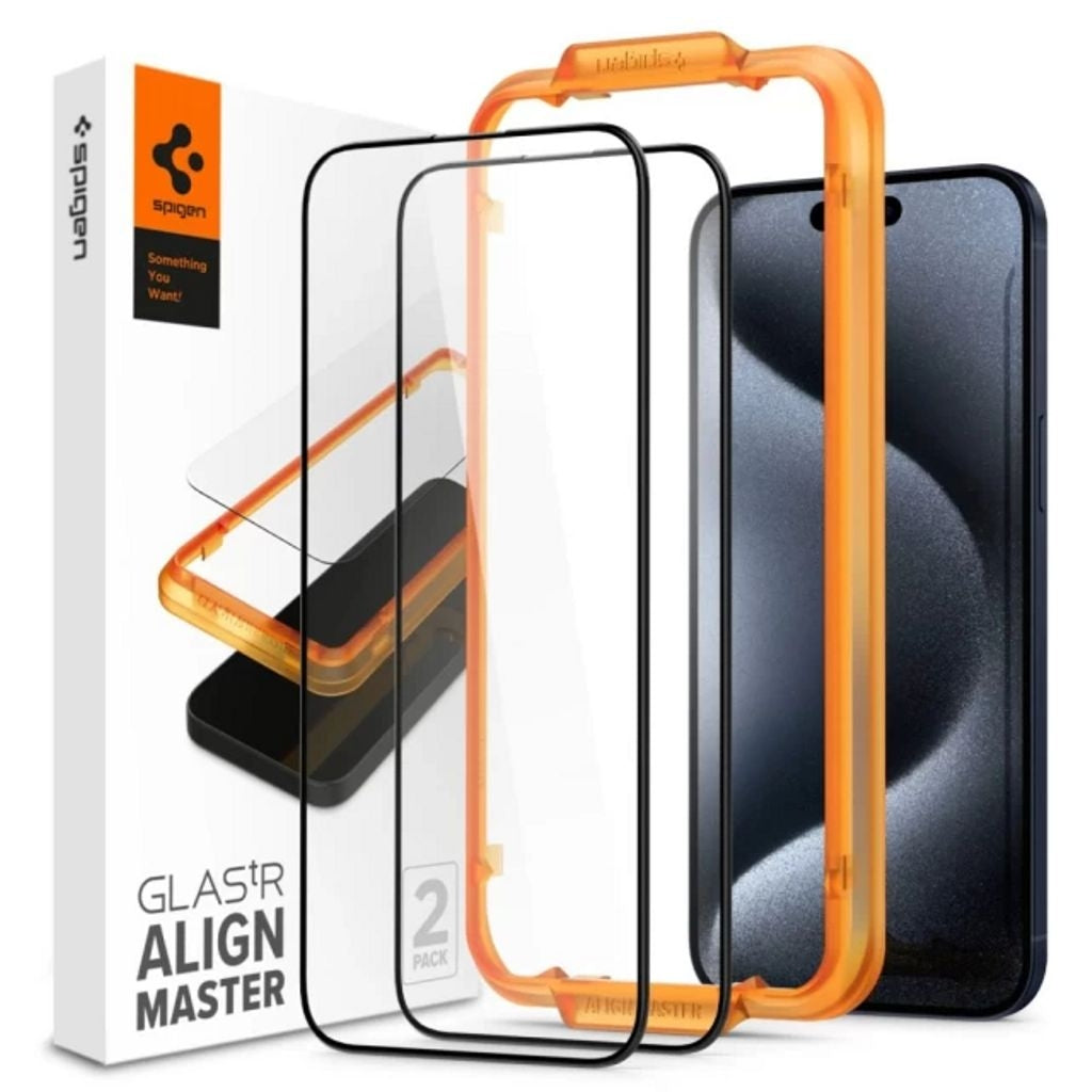 Spigen iPhone 15 Pro Tempered Alm Glass Fc, 2-Pack - Black