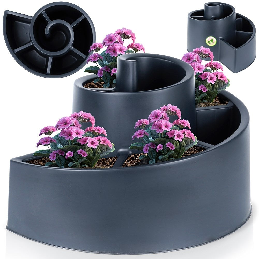Spiral-shaped plant cascade in black plastic for garden