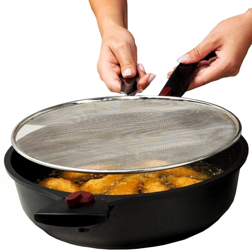 Splash guard with steel strainer and comfortable handle for frying