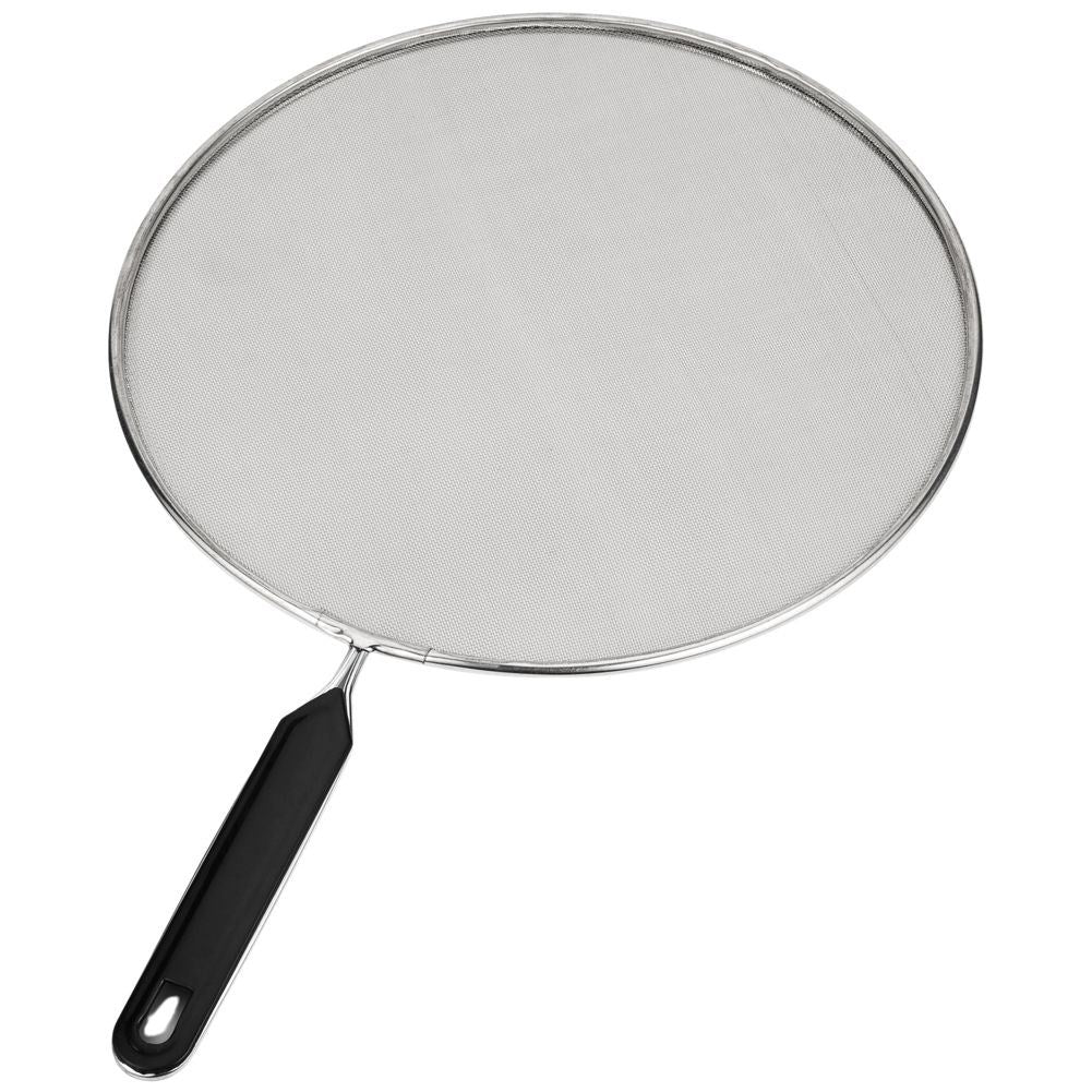 Splash guard with steel strainer and comfortable handle for frying