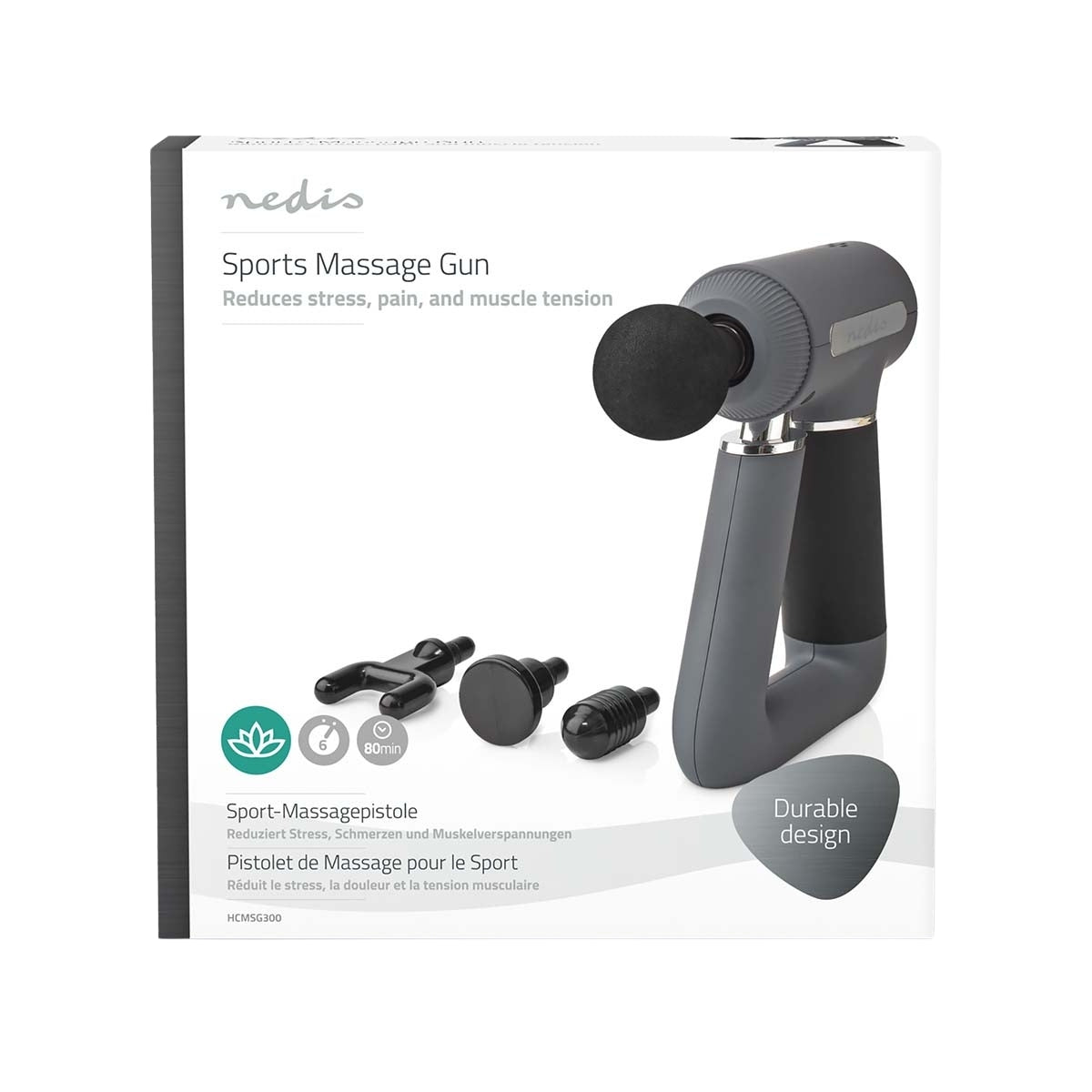 Sports Massage Gun | Battery powered | Built-in lithium ion | Rechargeable | 6 massage modes | USB cable | Gray