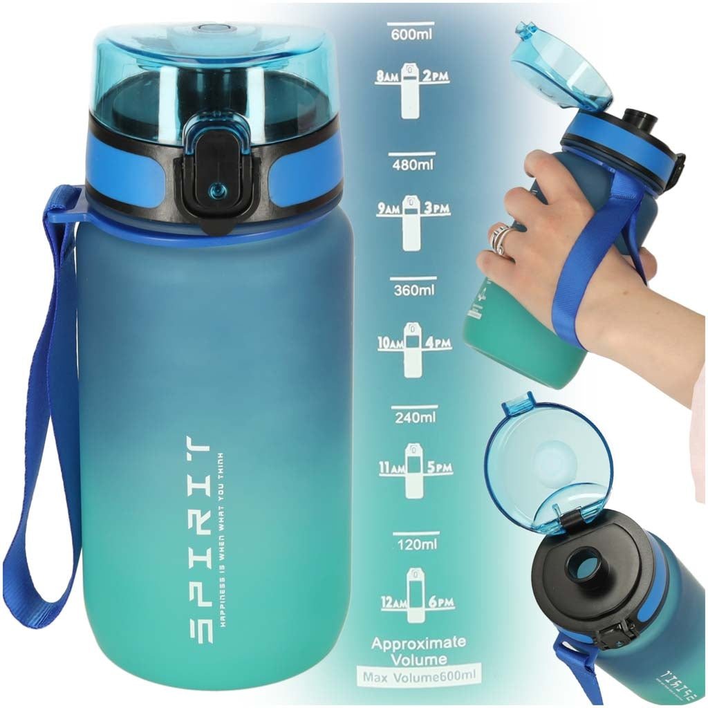 Sports Water Bottle with Straw, Handle, 600ml, Blue-Green