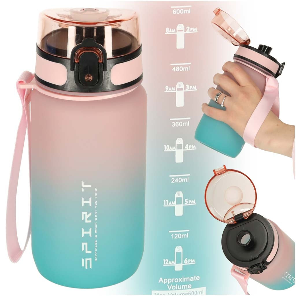 Sports Water Bottle with Straw, Handle, 600ml, Pink-Blue