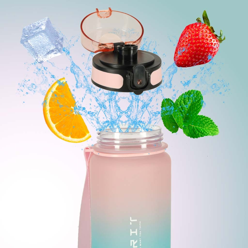 Sports Water Bottle with Straw, Handle, 600ml, Pink-Blue
