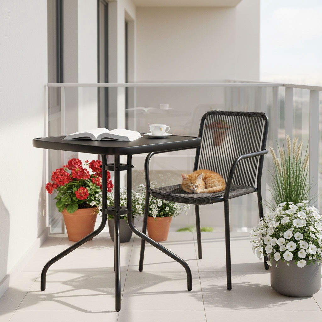 Square Garden Table 60x60 cm, Tempered Glass, Black
