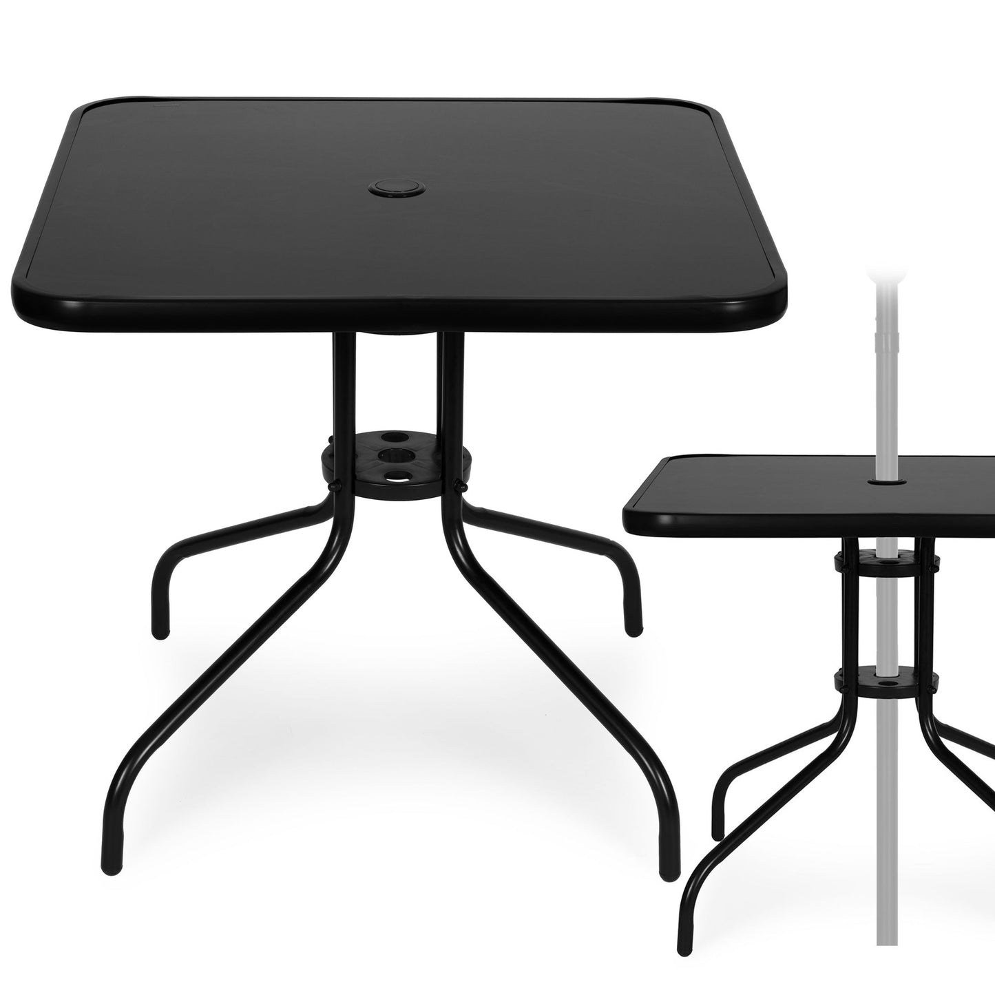 Square Garden Table, 80 cm Tempered Glass, Umbrella Hole