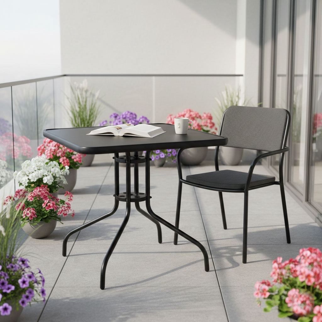 Square Garden Table, 80 cm Tempered Glass, Umbrella Hole