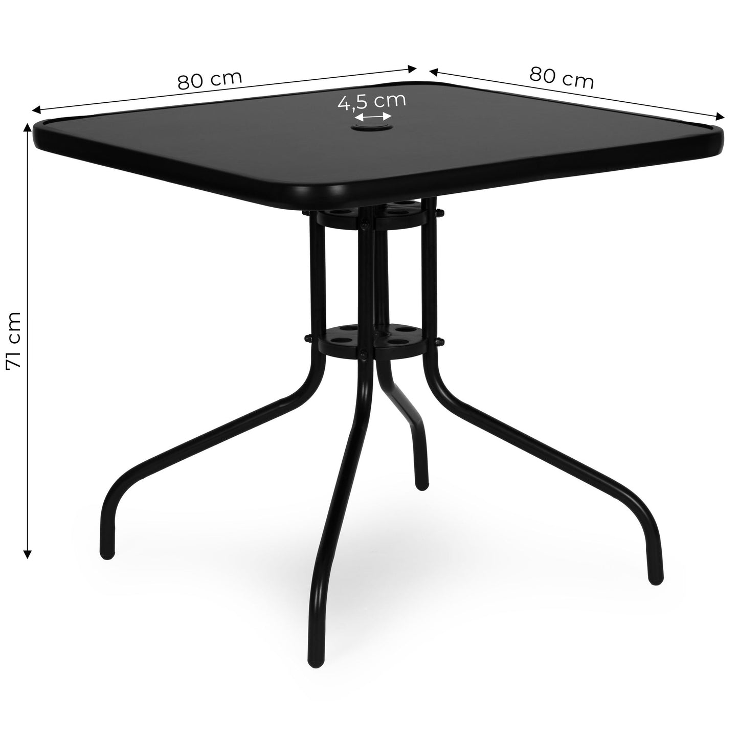 Square Garden Table, 80 cm Tempered Glass, Umbrella Hole