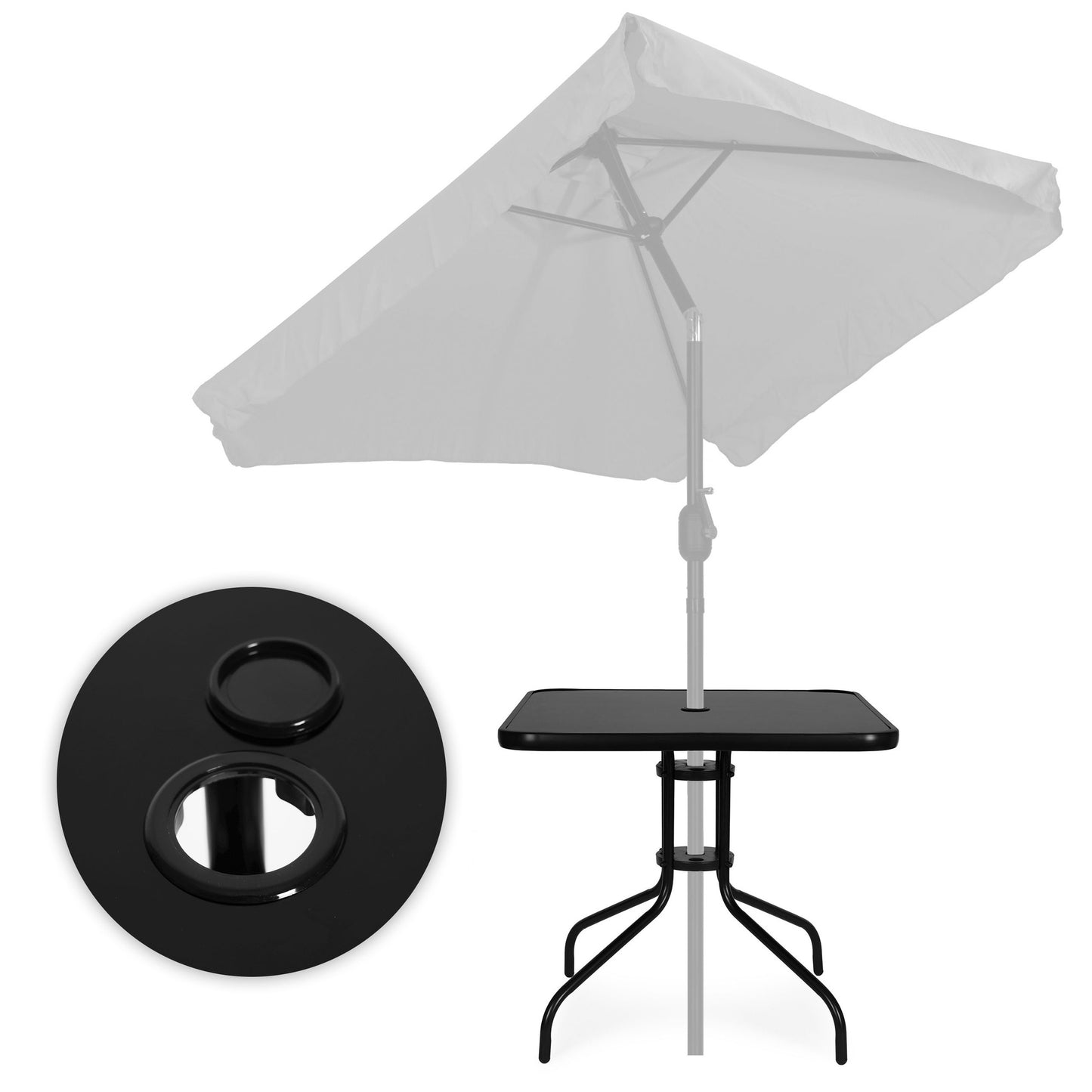 Square Garden Table, 80 cm Tempered Glass, Umbrella Hole