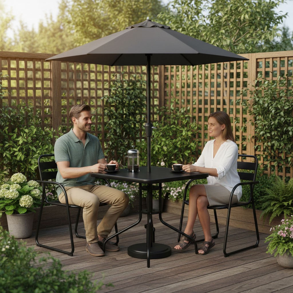 Square Garden Table, 80 cm Tempered Glass, Umbrella Hole