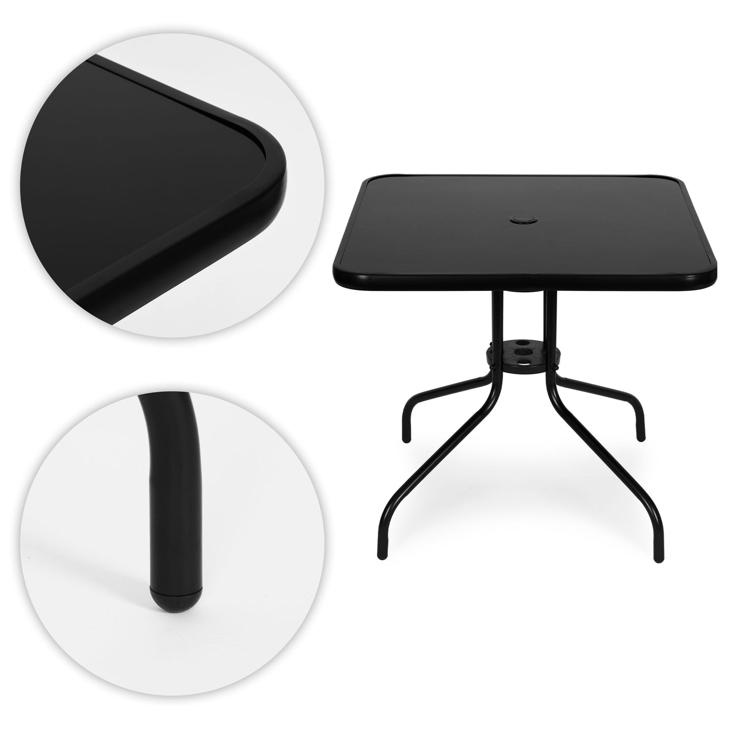Square Garden Table, 80 cm Tempered Glass, Umbrella Hole